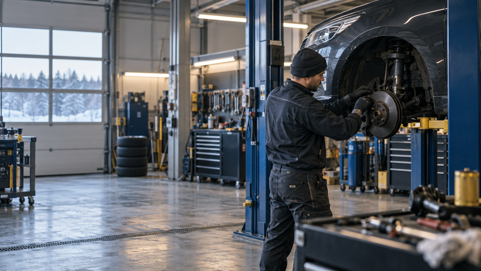 Mekaanikko työskentelee auton äärellä siistissä autokorjaamossa
